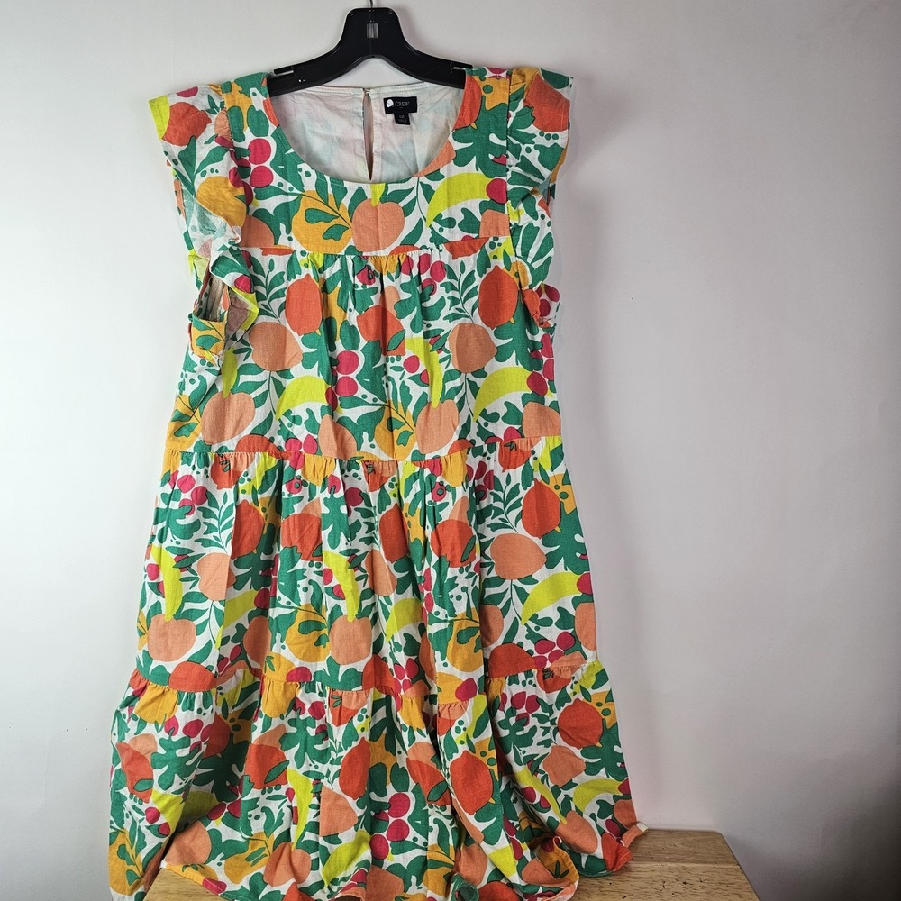 J. Crew Linen Blend Printed Mini‎ Dress A-Line Tiered Floral Fruit Pockets Sz 12 - Picture 2 of 9